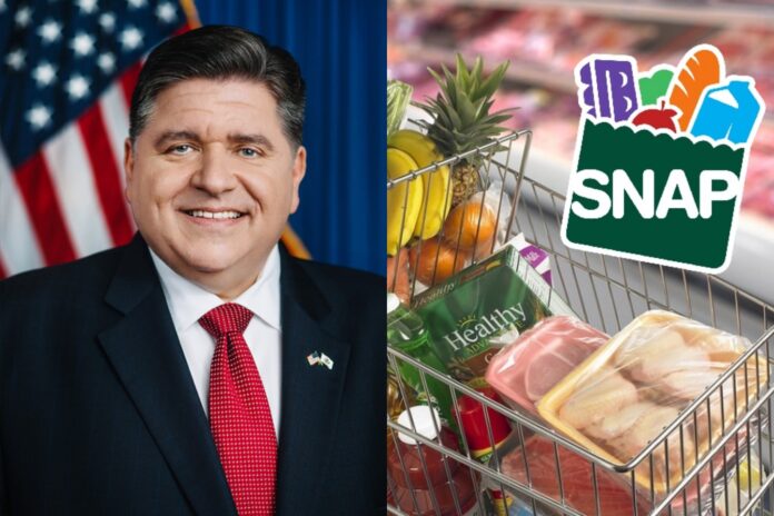 Ilustración de una bolsa de compras con alimentos y el logo del programa SNAP.