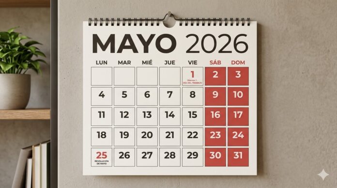 Calendario de feriados de mayo 2026 en Argentina con el Día del Trabajador y el 25 de Mayo destacados