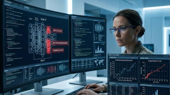 Representación gráfica de un sistema de inteligencia artificial analizando un mapa táctico digital.
